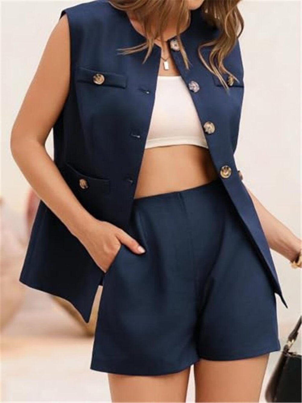Women's 2 Piece Outfit Casual Suit Set Sleeveless Button Down Blazer Vest Short - Picture 2 of 5